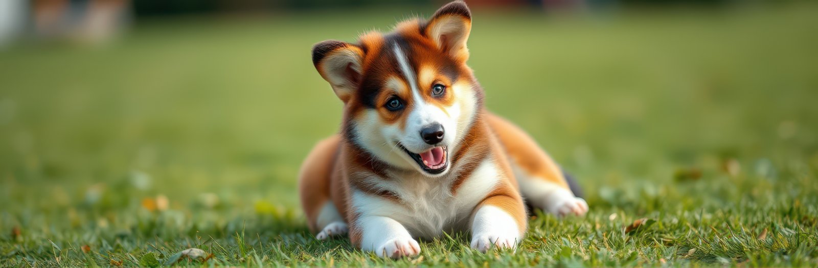 Happy corgi puppy playing on green grass during sunny afternoon in a park